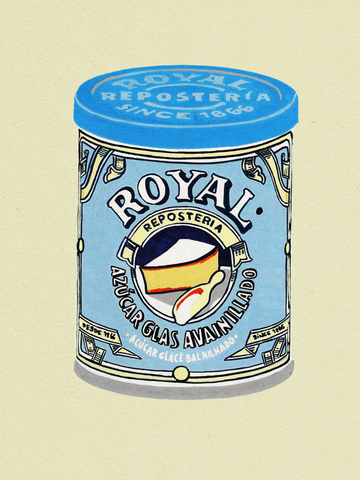 Illustration einer blauen Dose Royal Baking Powder auf beigem Hintergrund.