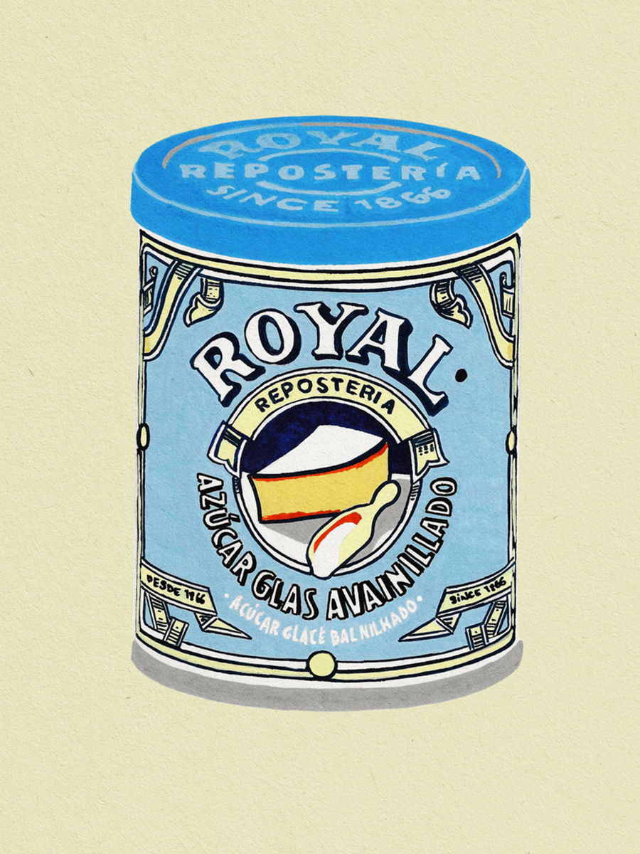 Illustration einer blauen Dose Royal Baking Powder auf beigem Hintergrund.