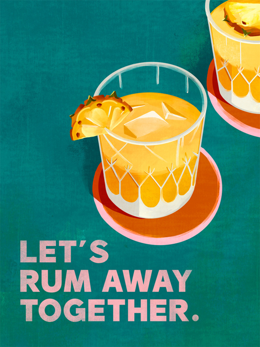 Poster mit Rumcocktail und Ananas auf türkisfarbenem Hintergrund, Text "Let's rum away together" in Rosa.