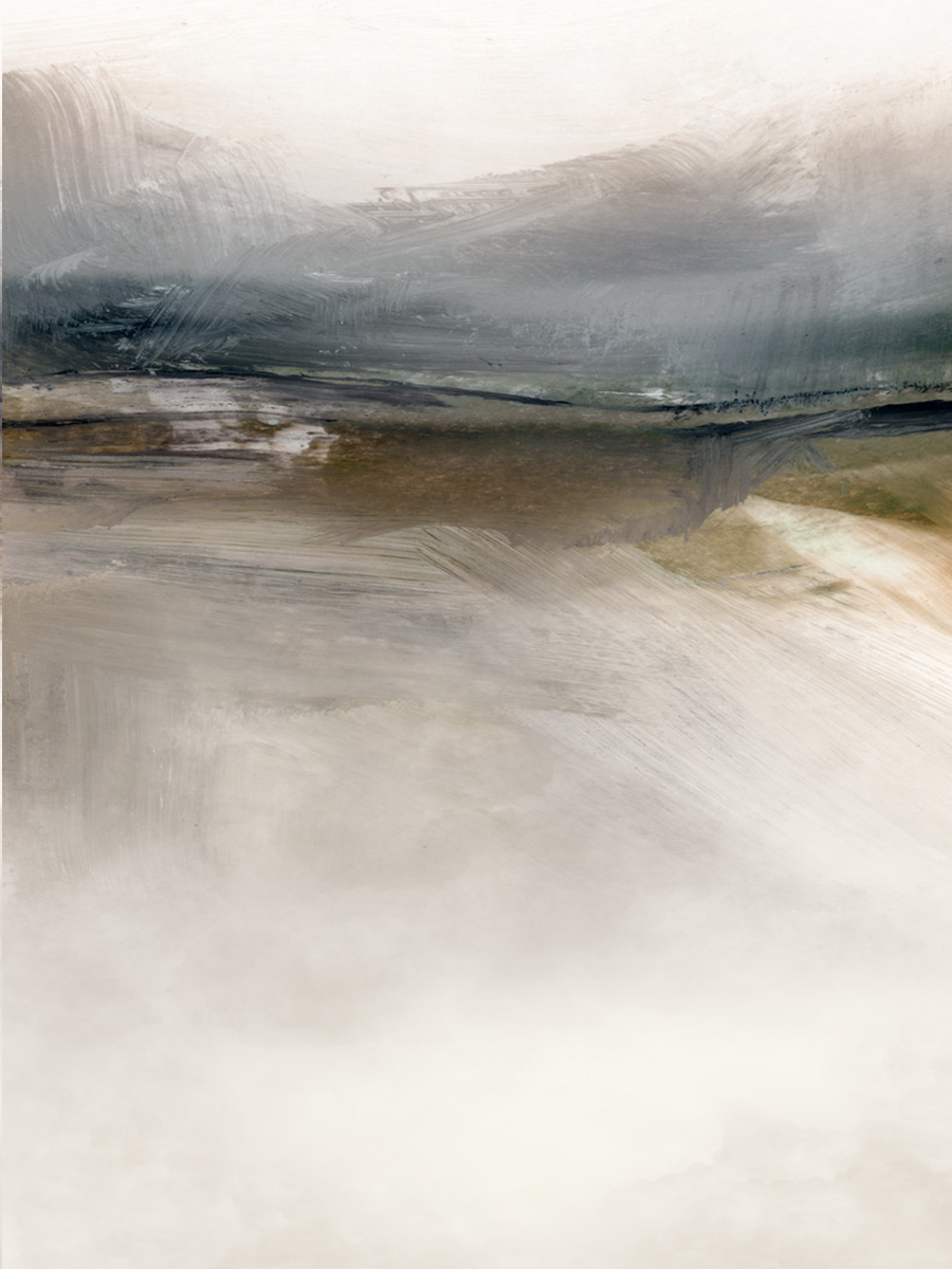 Abstraktes Landschaftsposter in Grün, Beige und Grau.