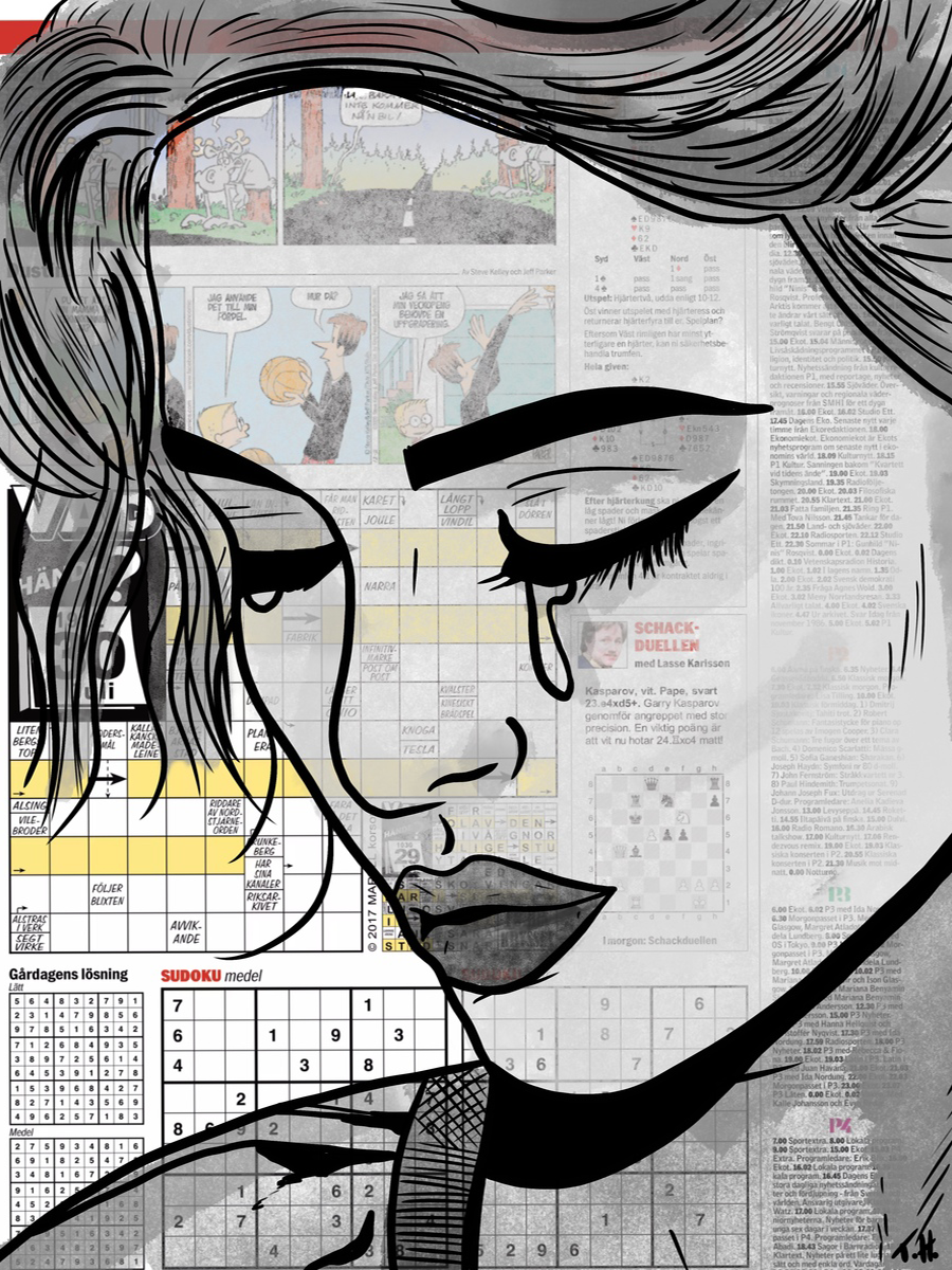 Illustration einer Frau mit geschlossenen Augen und einer Träne vor einem Hintergrund aus Kreuzworträtseln.