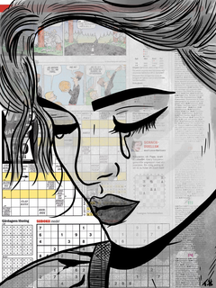 Illustration einer Frau mit geschlossenen Augen und einer Träne vor einem Hintergrund aus Kreuzworträtseln.