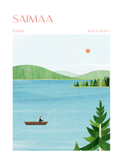 Illustration des Sees Saimaa in Finnland mit einer Person in einem Boot, umgeben von Hügeln und Bäumen.