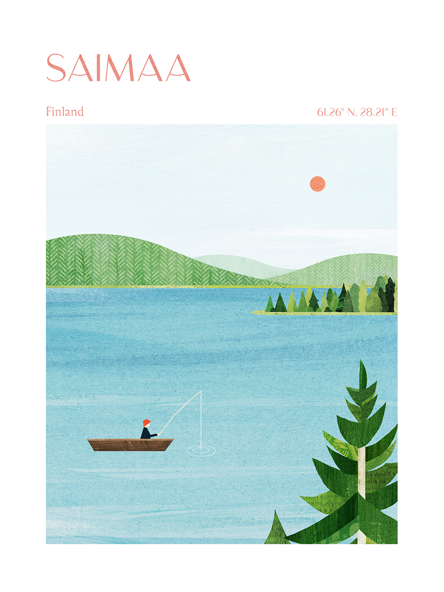 Illustration des Sees Saimaa in Finnland mit einer Person in einem Boot, umgeben von Hügeln und Bäumen.