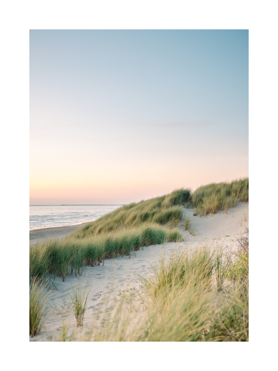 Fotografie von Sanddünen mit Gras vor einem Strand und einem farbenfrohen Himmel im Hintergrund.