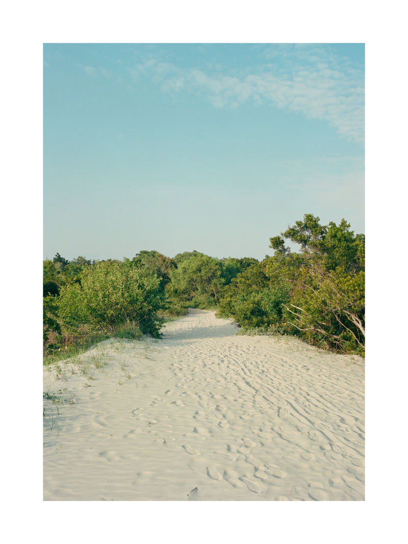 Ein Sandweg durch grüne Dünenlandschaft unter blauem Himmel.