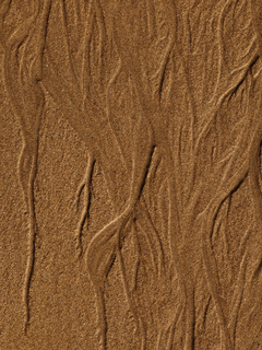 Nahaufnahme von Sand mit wellenförmigem Muster in Beige.