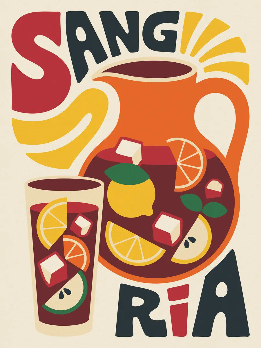 Illustration einer Karaffe Sangria mit Eiswürfeln und Zitrusfrüchten, umgeben von dem Text "Sangria" in Rot, Schwarz und Gelb.