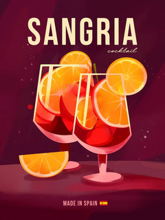 Illustration von zwei Gläsern Sangria mit Orangenscheiben und der Aufschrift "SANGRIA cocktail".