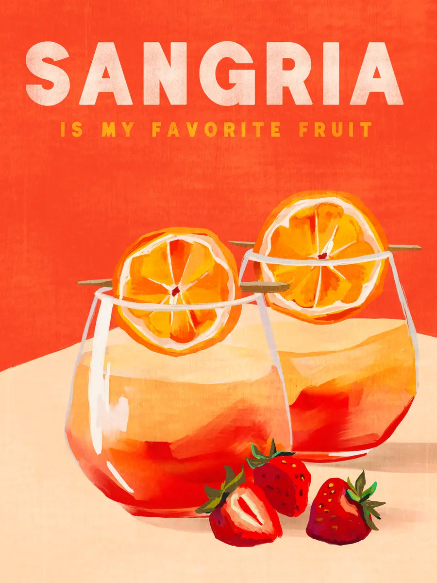 Poster von zwei Sangria-Gläsern mit Orangen und Erdbeeren auf rotem Hintergrund.