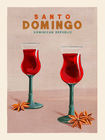 Illustration von zwei roten Getränken mit Anis und dem Text "Santo Domingo" und "Dominican Republic".