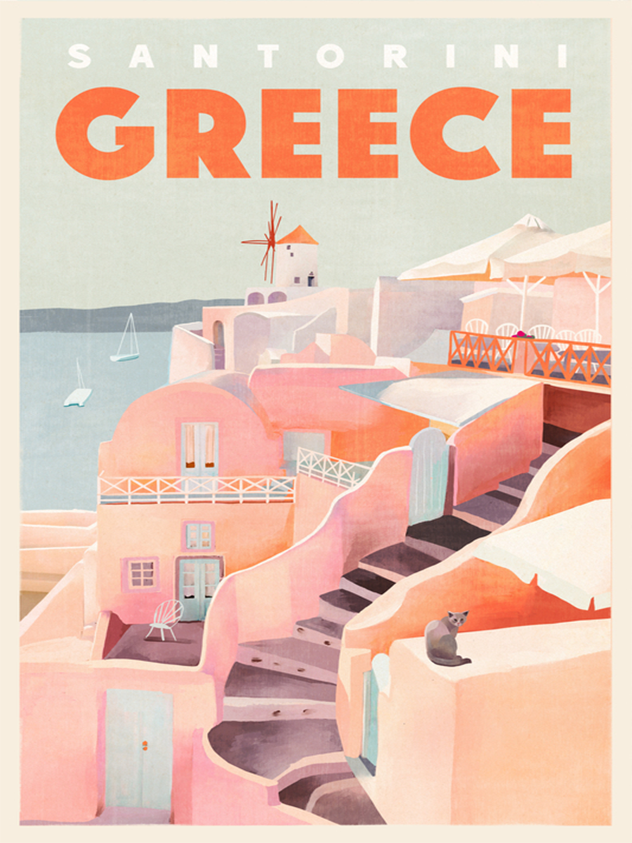 Illustration von Santorini in Griechenland mit rosa Gebäuden und dem Text "Santorini Greece".