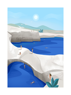 Illustration von Menschen, die von weißen Klippen in blaues Wasser springen, mit blauem Himmel und Bergen im Hintergrund.