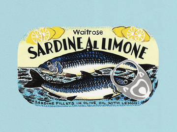 Illustration einer Sardinendose mit der Aufschrift "Sardine al Limone" und Zitronenscheiben.