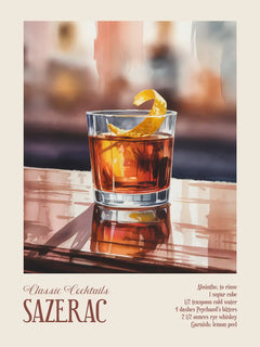 Poster eines Sazerac-Cocktails mit Rezept darunter.