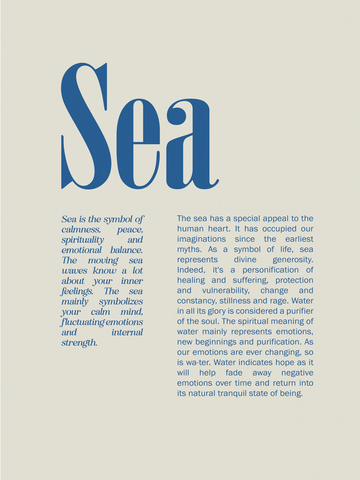 Zitatposter mit dem Wort Sea in großen blauen Buchstaben und elegantem Text darunter.