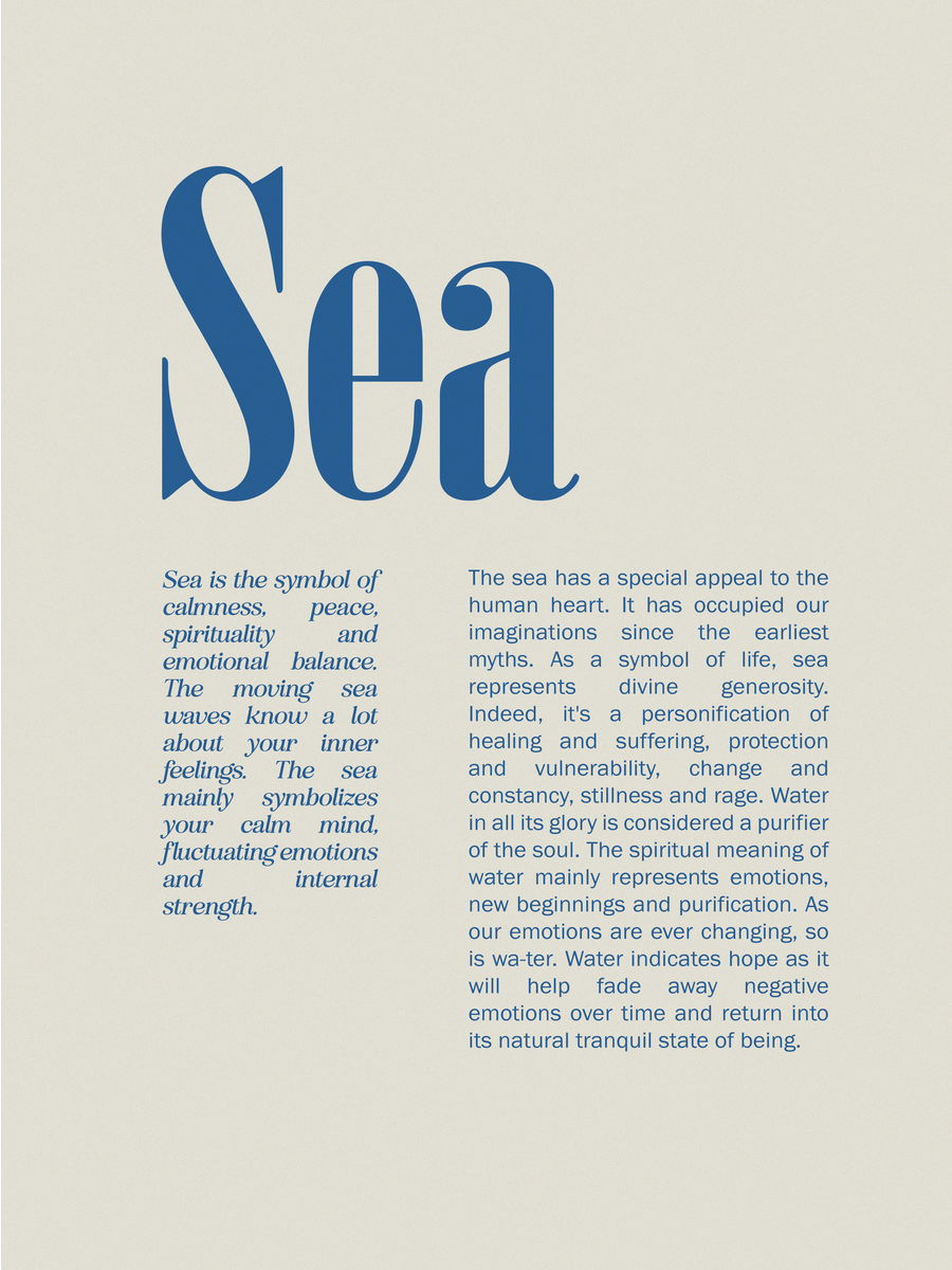 Zitatposter mit dem Wort Sea in großen blauen Buchstaben und elegantem Text darunter.