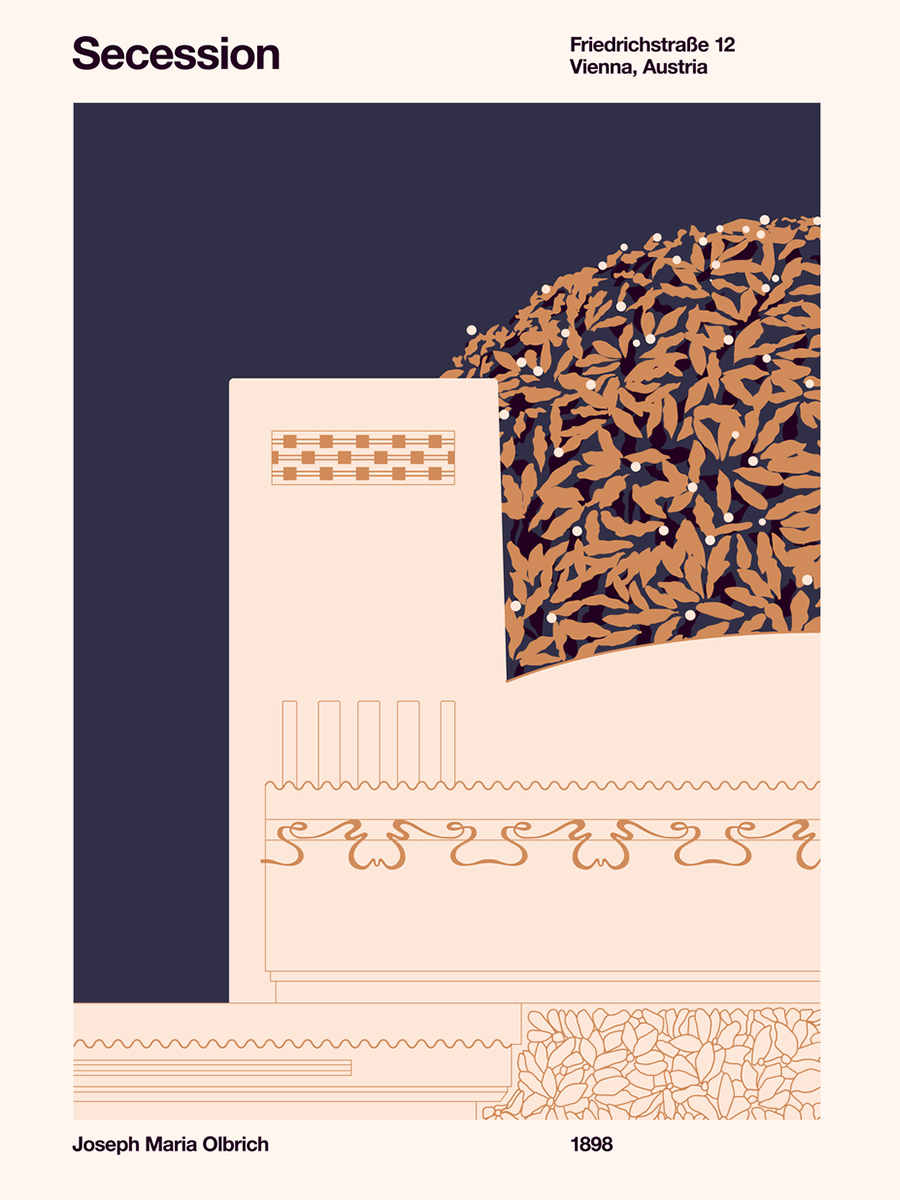 Poster des Wiener Secession Gebäudes in Rosa, Orange und Marineblau.