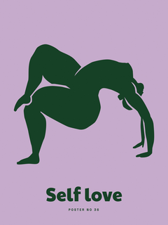 Grafische Illustration einer Yogafigur in Grün auf lila Hintergrund mit dem Text "Self love".