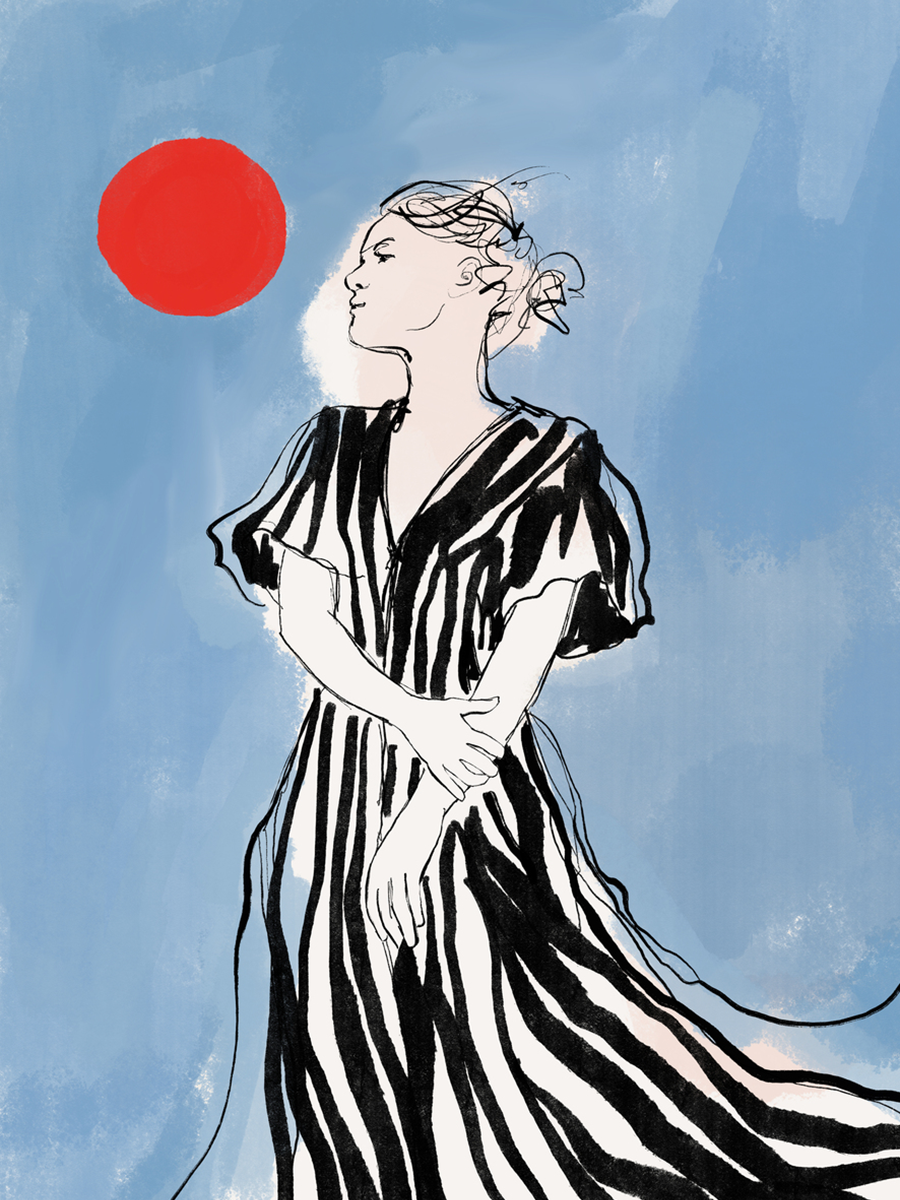 Illustration einer Frau in einem schwarz-weiß gestreiften Kleid vor einem blauen Hintergrund mit einem roten Punkt.