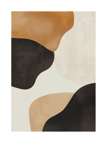 Grafische Illustration mit abstrakten Formen in Schwarz, Beige und Braun auf einem strukturierten Hintergrund.