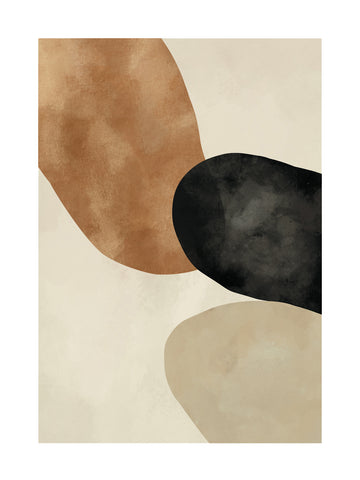 Grafik mit abstrakten Formen in Schwarz und Braun auf beigem Hintergrund.