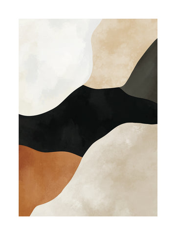 Abstrakte Formen in Schwarz, Beige, Weiß und Braun auf einem Poster.