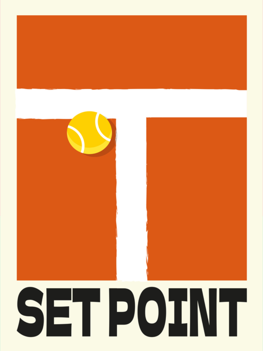 Grafische Illustration eines Tennisballs auf der Linie mit dem Text "Set Point".