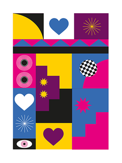 Grafisches Poster mit einer Collage aus verschiedenen Formen und Mustern in Gelb, Blau, Pink, Schwarz und Weiß.