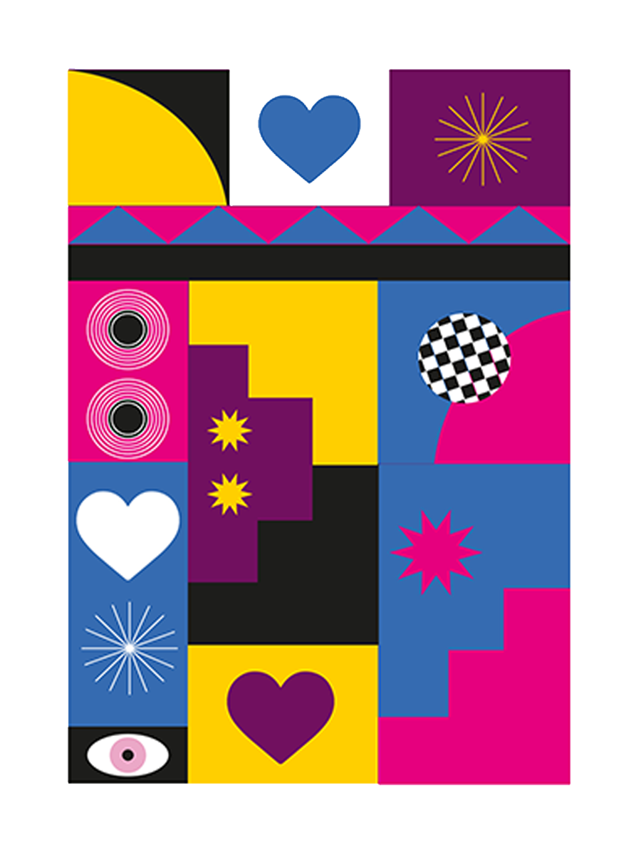 Grafisches Poster mit einer Collage aus verschiedenen Formen und Mustern in Gelb, Blau, Pink, Schwarz und Weiß.