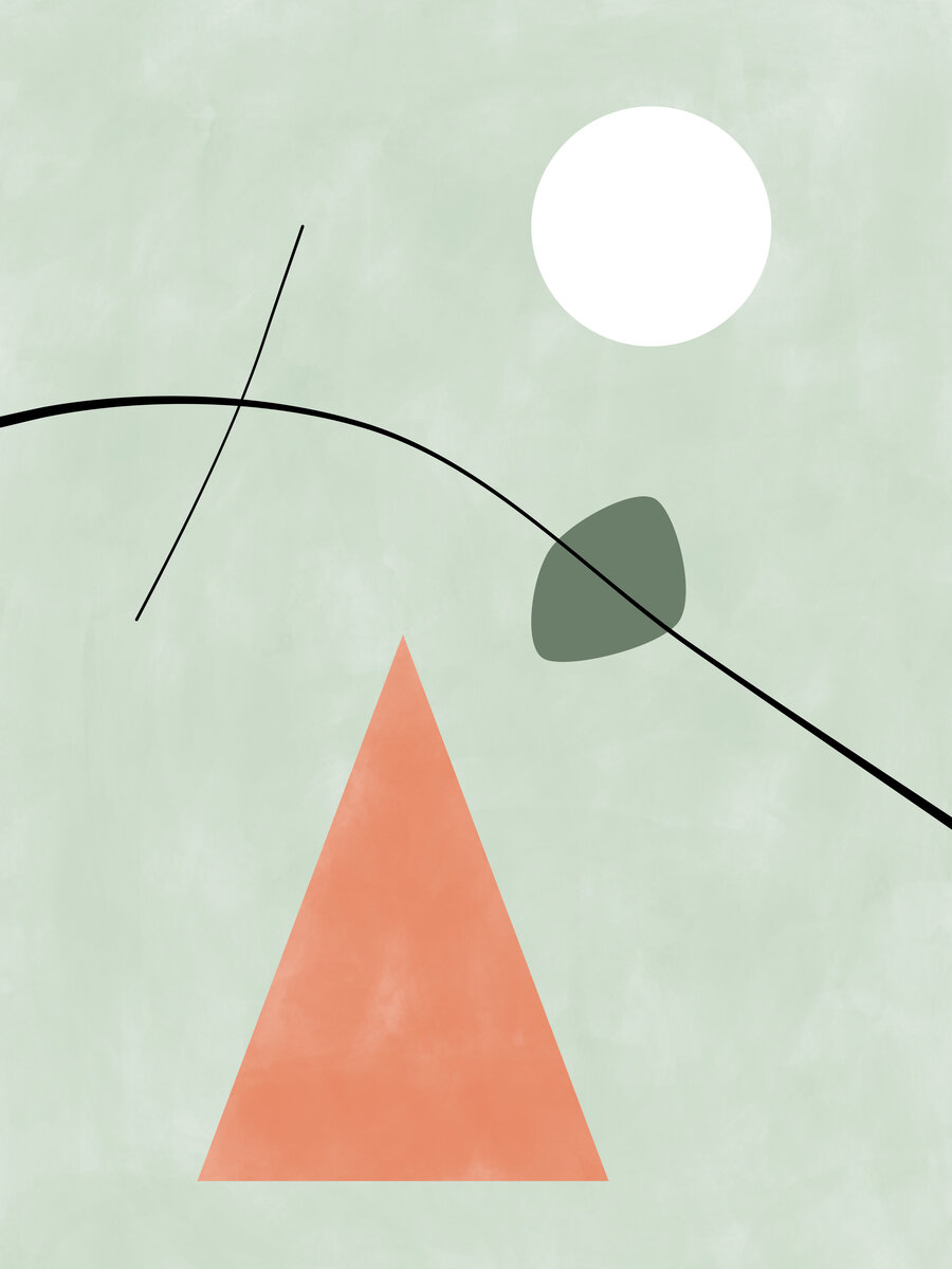 Grafik mit geometrischen Formen und Linien auf hellgrünem Hintergrund in Schwarz, Weiß, Grün und Orange.