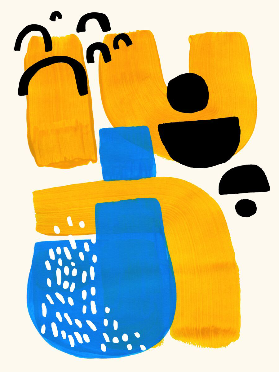 Abstrakte Grafik mit gelben und blauen Formen, schwarzen und weißen Details auf hellem Hintergrund.