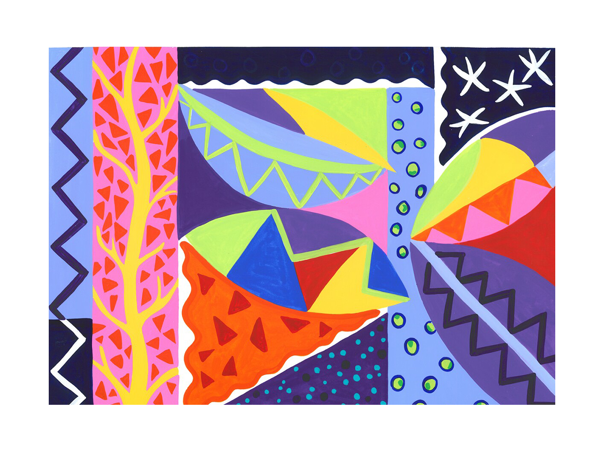Abstrakte Kunst mit bunten geometrischen Formen in Rot, Blau, Grün und Gelb.