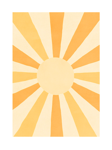 Grafische Illustration der Sonne in Orange und Gelb mit Strahlen.