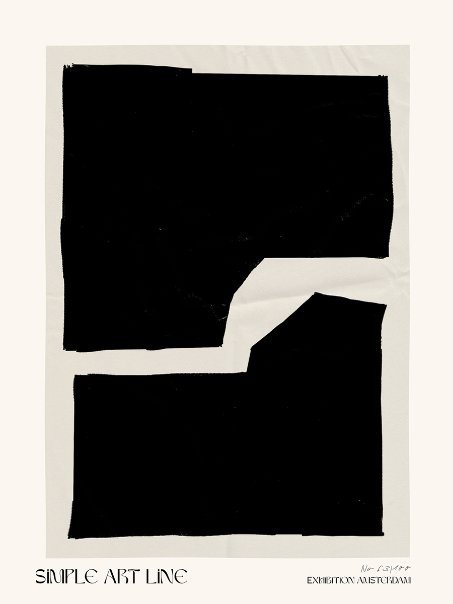 Grafik mit zwei schwarzen Quadraten auf beigem Hintergrund und dem Text Simple Art Line, Exhibition Amsterdam.