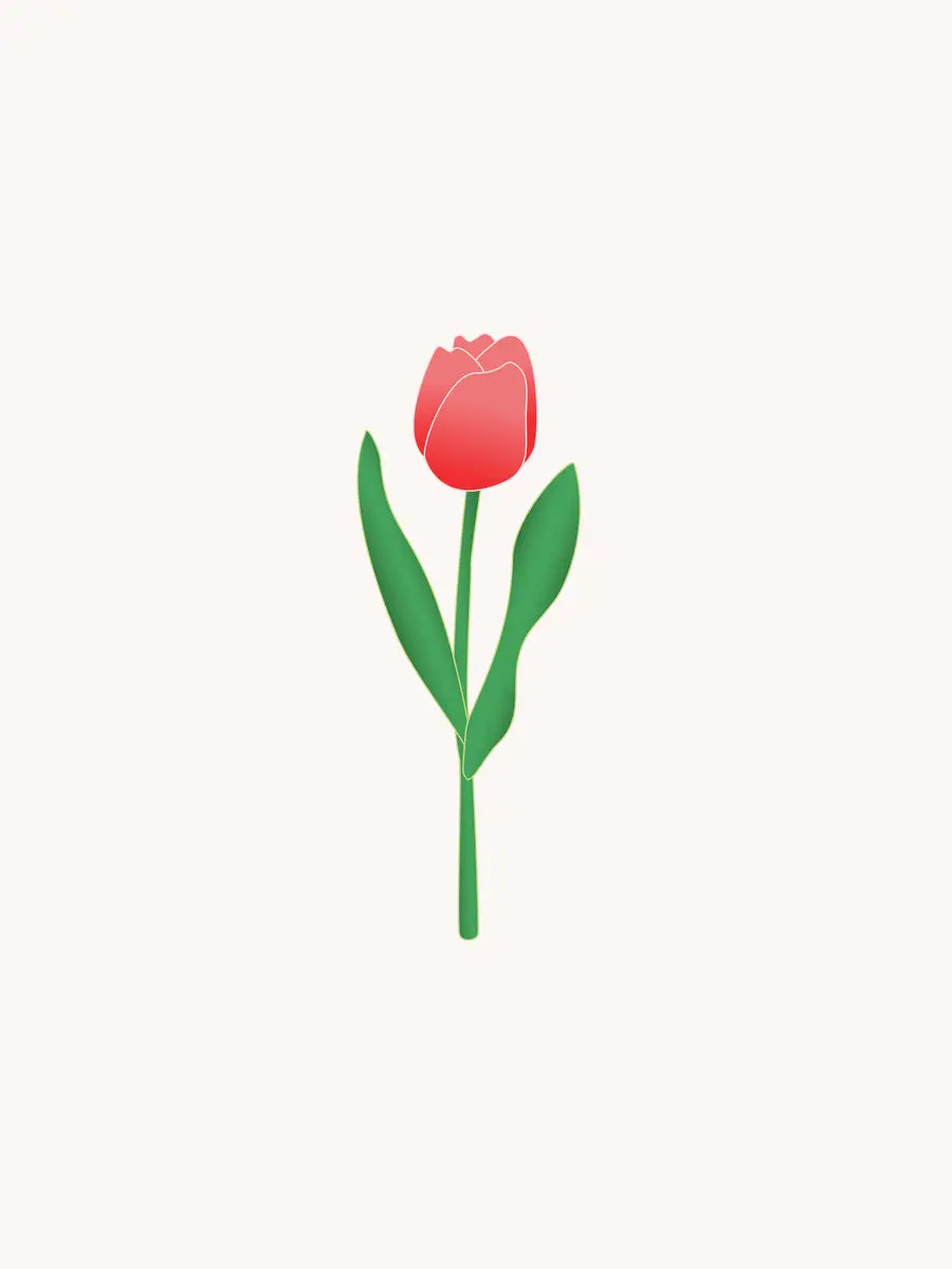 Eine einzelne rote Tulpe mit grünen Blättern auf einem hellen beigen Hintergrund.
