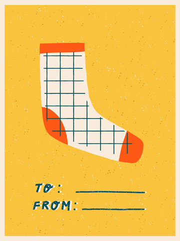 Illustration einer Socke mit Karomuster und orangefarbenen Details auf gelbem Hintergrund.