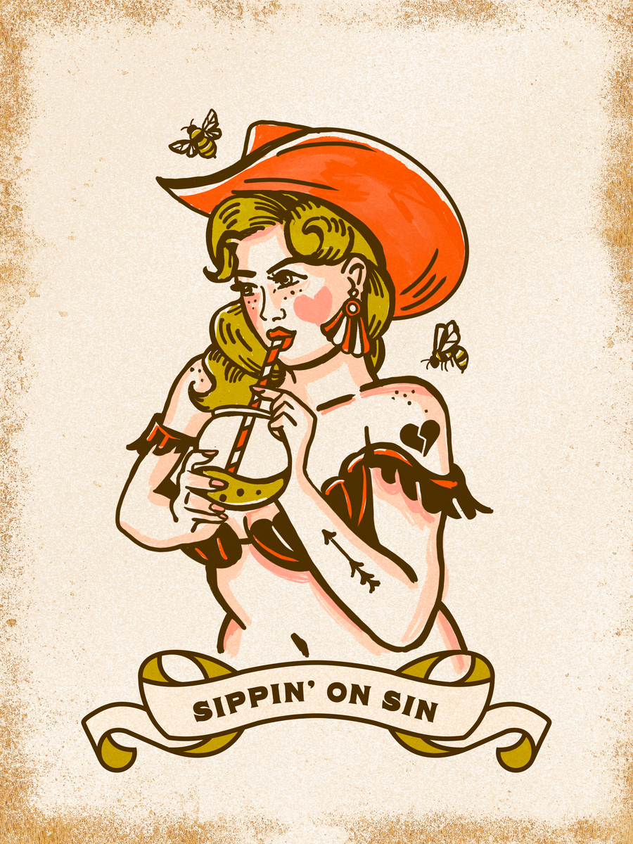 Illustration einer Frau mit Cowboyhut, die ein grünes Getränk trinkt, mit "Sippin' on Sin" darunter.