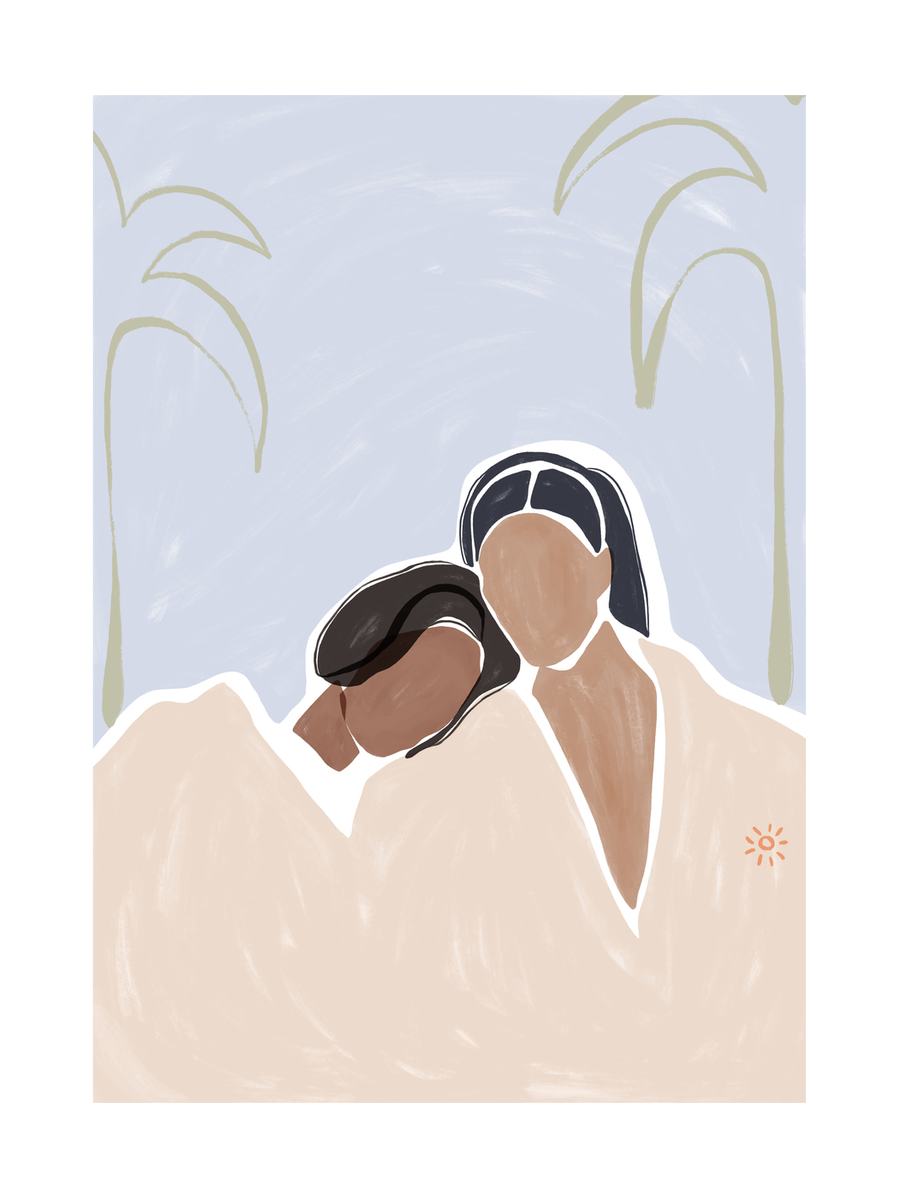 Illustration von zwei Frauen, die sich umarmen, mit hellblauem Himmel und Palmen im Hintergrund.