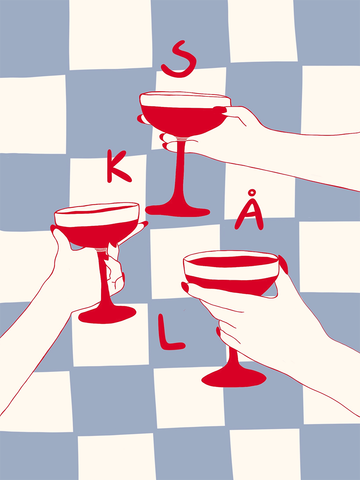 Illustration von vier roten Champagnergläsern, die von Händen gehalten werden, vor einem blau-weiß karierten Hintergrund.