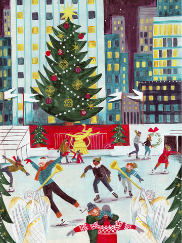 Illustration eines Eislaufplatzes mit einem großen Weihnachtsbaum und hohen Gebäuden im Hintergrund.