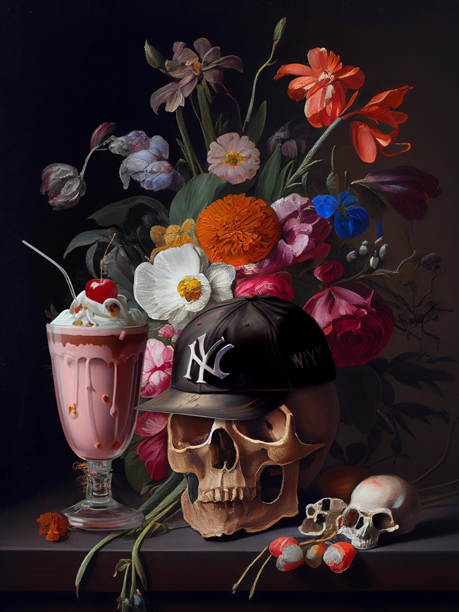 Ein Totenkopf mit schwarzer Baseballkappe vor einem Blumenstrauß und einem rosa Milchshake.