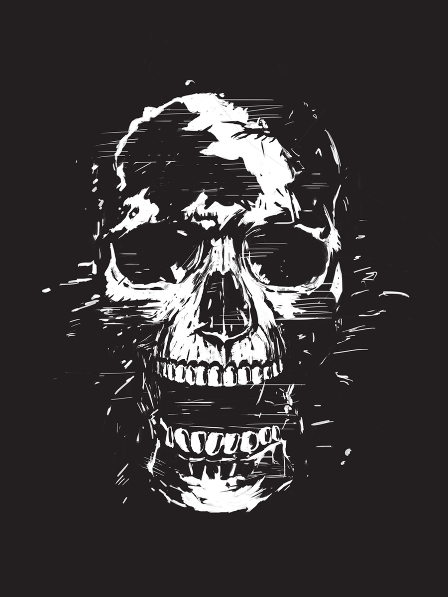 Grafische Illustration eines Schädels in Schwarz und Weiß.