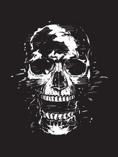Grafische Illustration eines Schädels in Schwarz und Weiß.