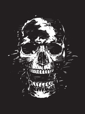 Grafische Illustration eines Schädels in Schwarz und Weiß.