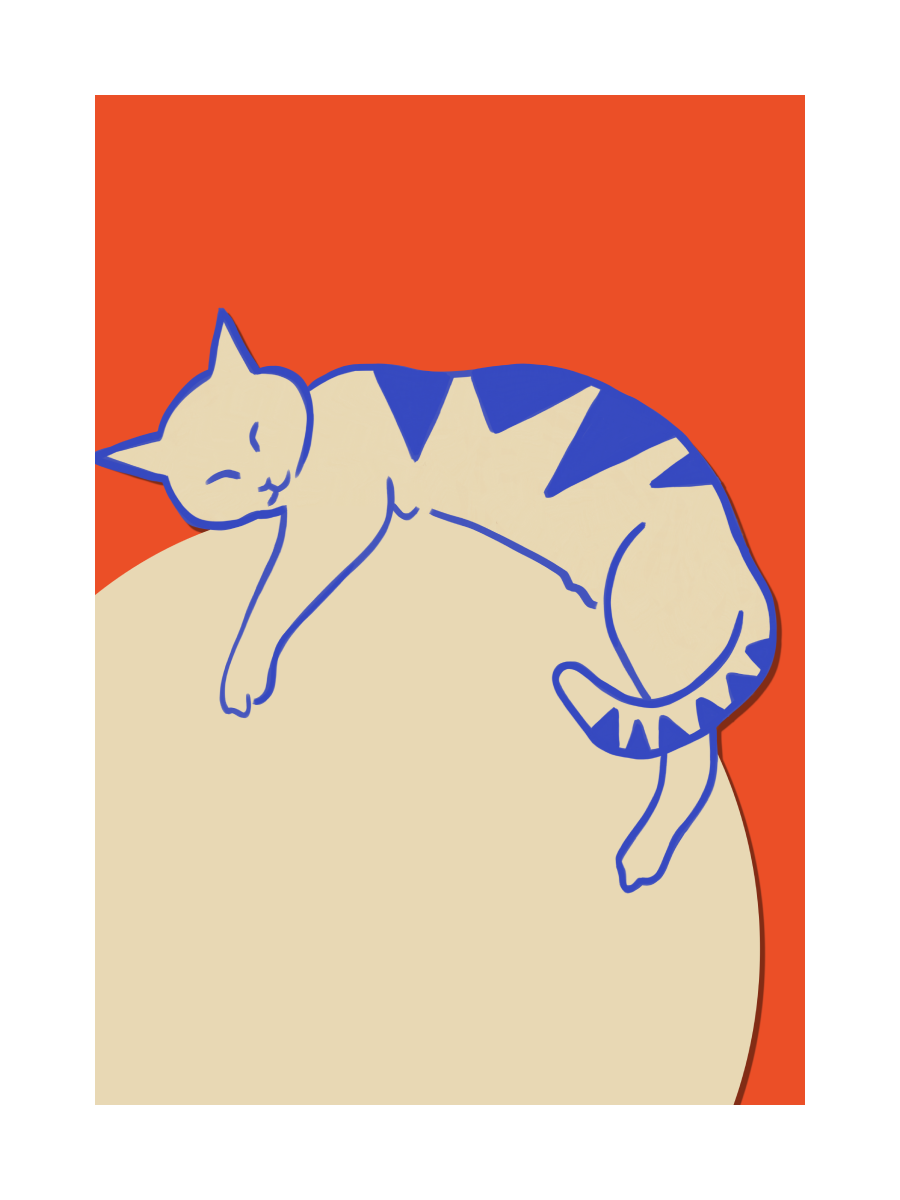 Illustration einer schlafenden Katze in Blau und Beige auf einem orangefarbenen Hintergrund.