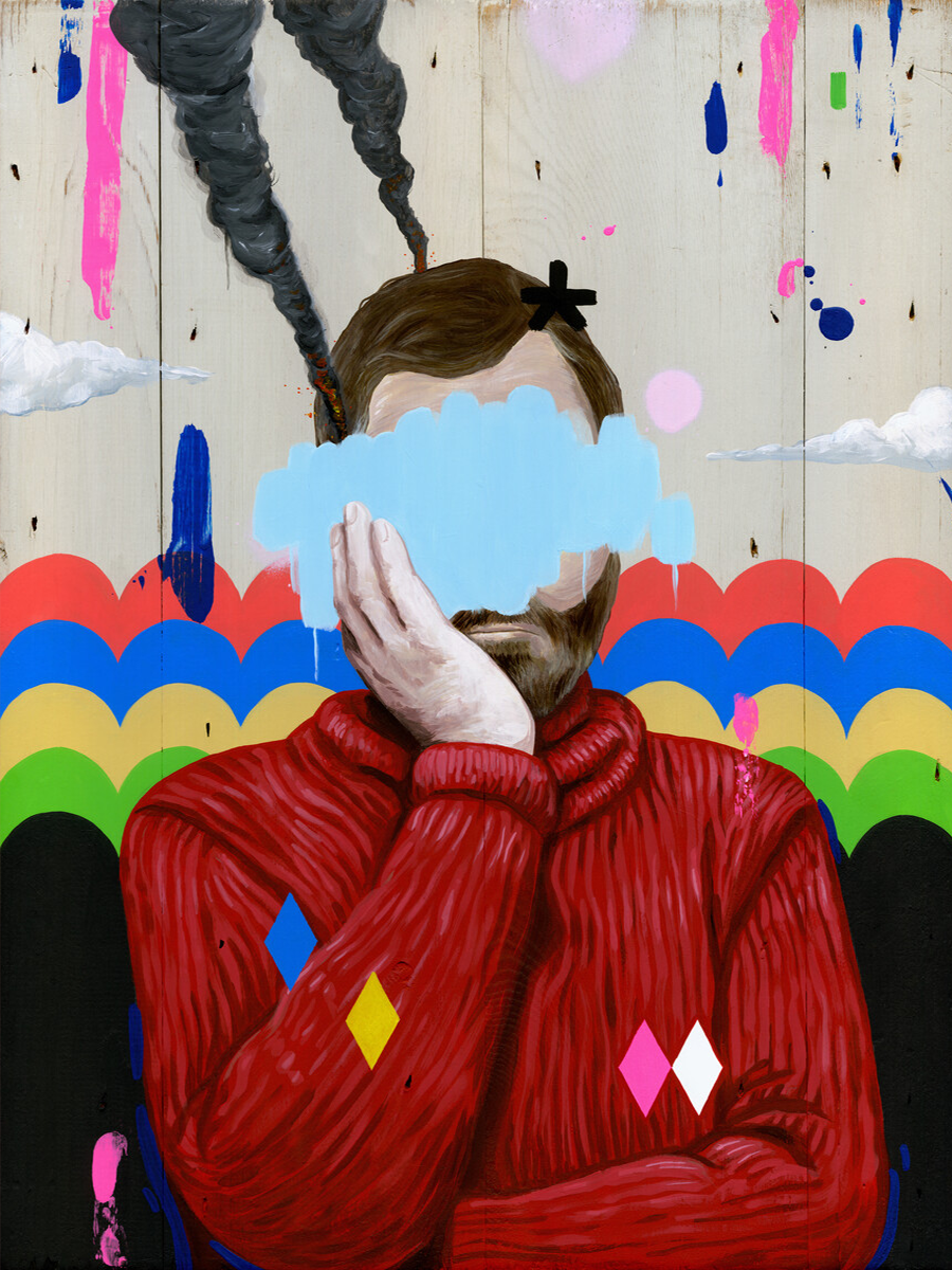 Ein Mann in einem roten Pullover, dessen Gesicht von Wolken verdeckt ist, mit Rauch, der aus seinem Kopf strömt, vor einem bunten Hintergrund.