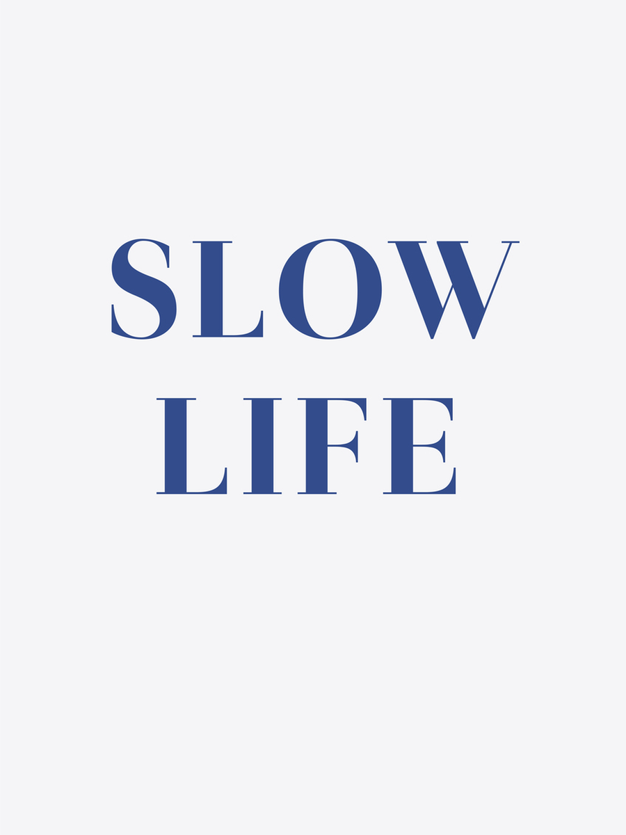 Typografieposter mit dem Zitat "Slow Life" in blauer Schrift auf grauem Hintergrund.