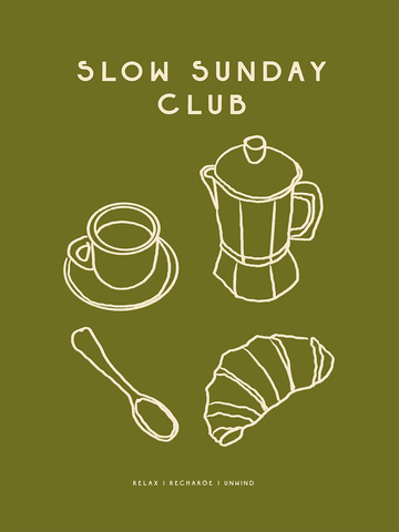 Linienkunst von Café und Croissant mit Text „Slow Sunday Club“ auf grünem Hintergrund.