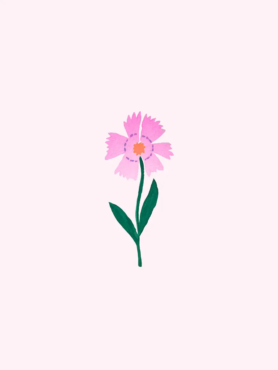 Eine einfache kleine Illustration einer rosa Kornblume mit grünen Blättern auf hellrosa Hintergrund.